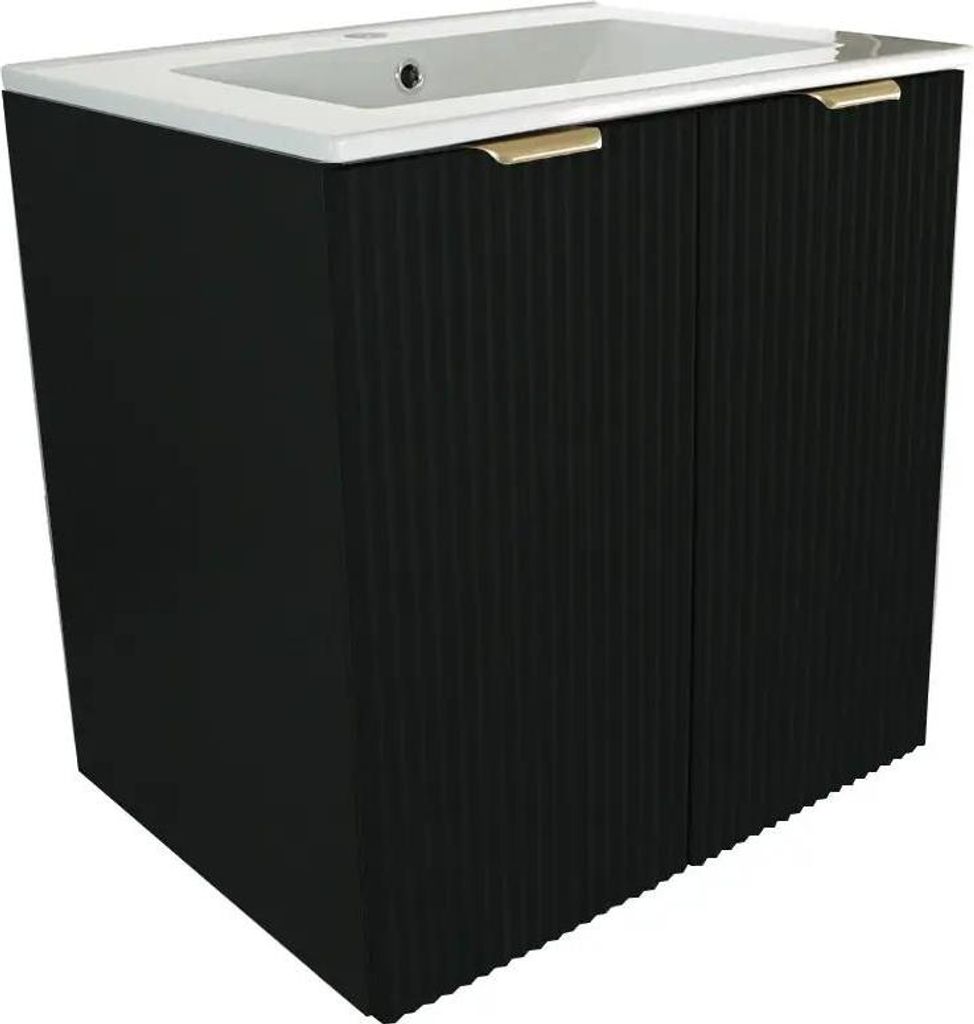 WENA Waschtischunterschrank mit Waschbecken, 2 Türen 60 cm, geriffelte Fronten, Griffe aus Metall in der Farbe Gold (Farbe: Schwarz)