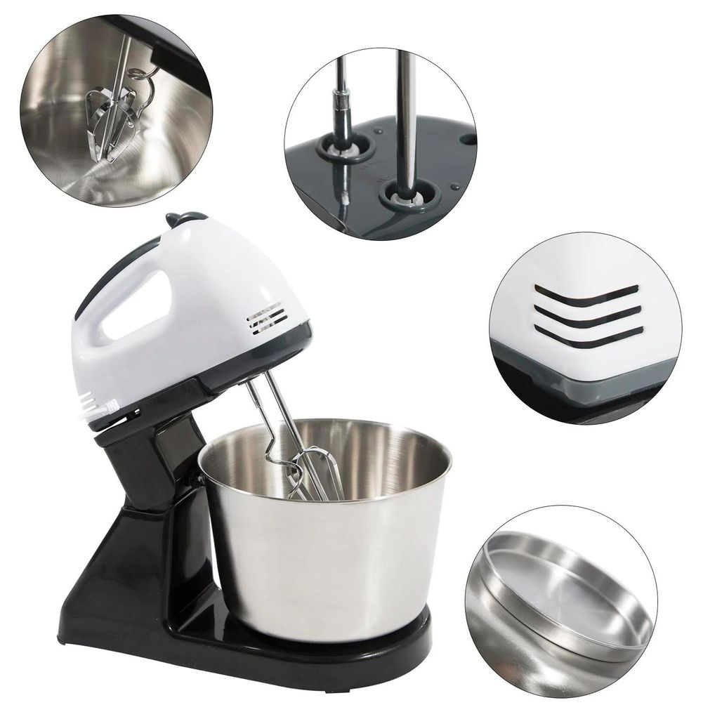 Küchenmaschine - Standmixer mit Teigknetfunktion - 180–350 W - 7 Stufen - Edelstahlschüssel - 220–240 V - EU-Stecker - Schwarz/Weiß/Silber