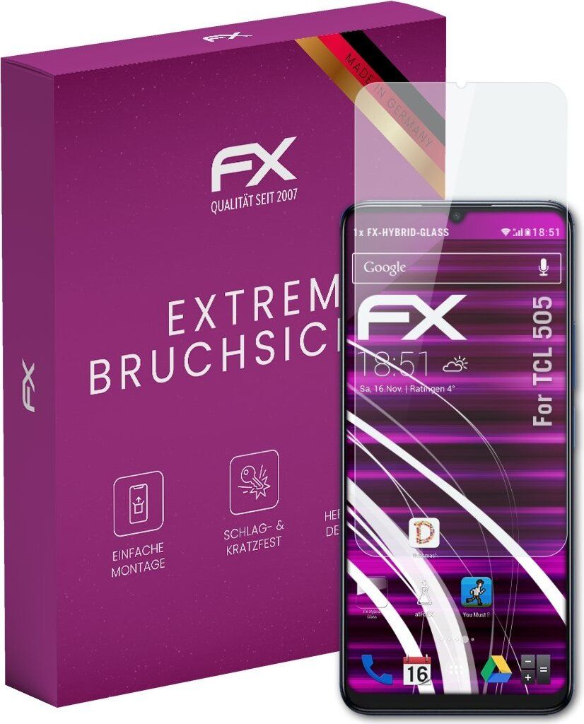 atFoliX FX-Hybrid-Glass Displayfolie kompatibel mit TCL 505 Glasfolie
