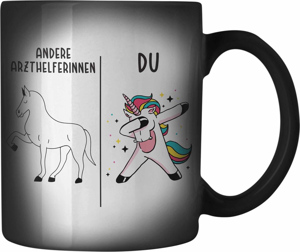 Trendation - Arzthelferin Farbwechsel Zauber-Tasse Geschenk mit Spruch Danke Dankeschön Geschenkidee für Arzthelferinnnen (Schwarz)