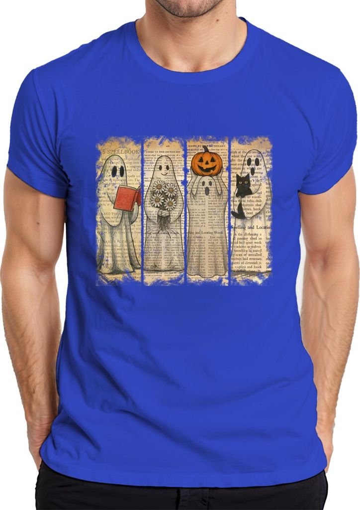Halloween Geister Vintage Zeitung niedliche Kürbis Katze Blumen Herren T-Shirt, Blau, M