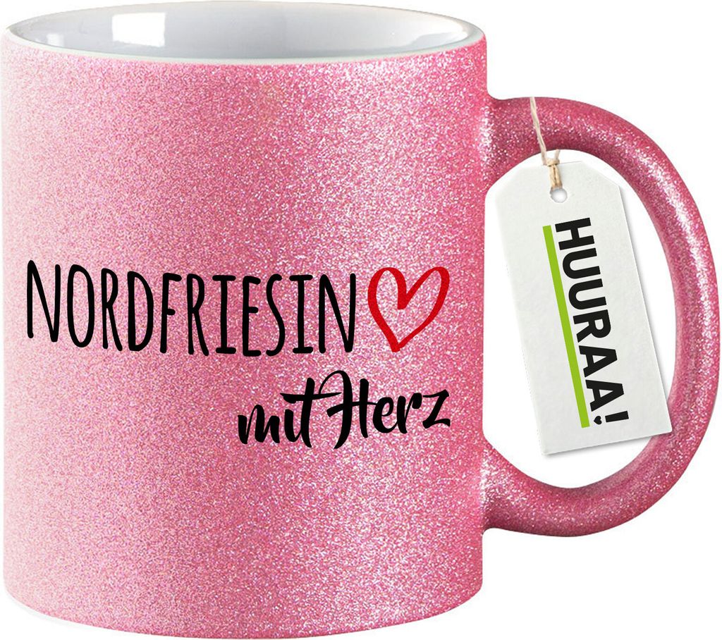 Huuraa Glitzer Kaffeebecher Nordfriesin mit Herz Geschenk 330ml Pink Nordfriesin Mitbringsel