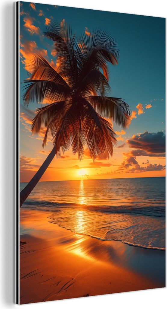 MuchoWow Wanddekoration Metall Metallbild Wandkunst 100x150 cm Sonnenuntergang - Palme - Meer - Horizont - Strand MuchoWow Aluminium Gemälde - Bild