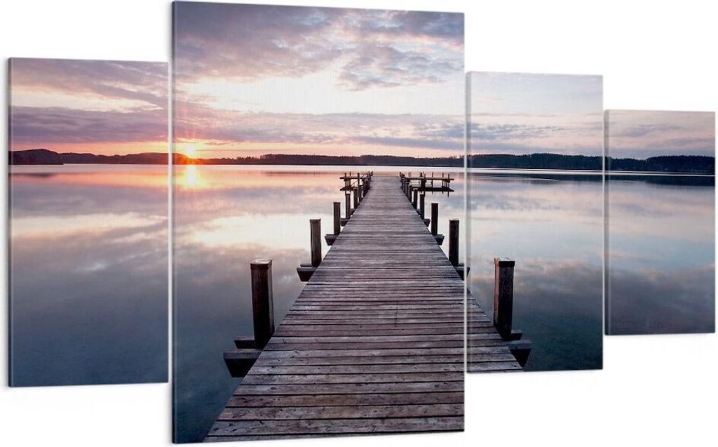 Bild auf Leinwand - Leinwandbild - Fußgängerbrücke See Sonnenuntergang Abend - 160x90cm - Wand Bild - Wanddeko - Leinwanddruck - Bilder - Kunstd...