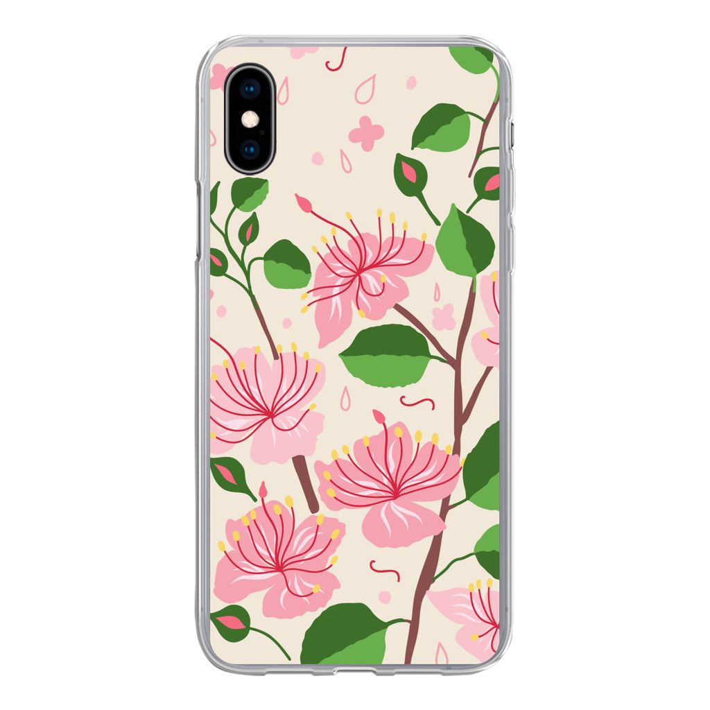 MuchoWow Handyhülle Schutzhülle Hülle für iPhone Xs Blume - Rosa - Blatt - Muster Silikon Softcase Handy Hülle - Handytasche