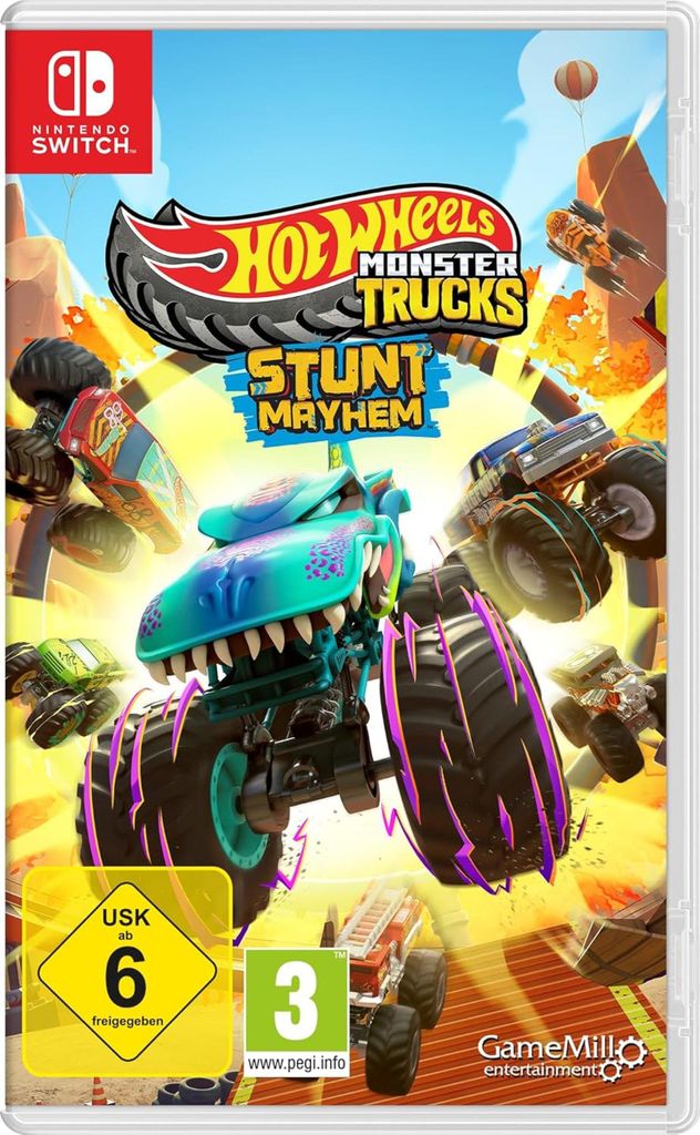 The image is a video game box art for Hot Wheels Monster Trucks Stunt Mayhem on Nintendo Switch. It features a monster truck with a shark design in the foreground, surrounded by other monster trucks and a desert-like environment with ramps and obstacles.