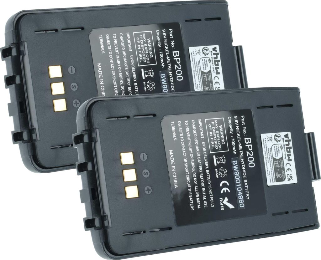 vhbw 2x Akku Ersatz für Icom BP-200, BP-200L, BP-200H, BP-200XL, BP-200M für Funkgerät, Walkie Talkie (750 mAh, 9,6 V, NiMH) + Gürtelclip