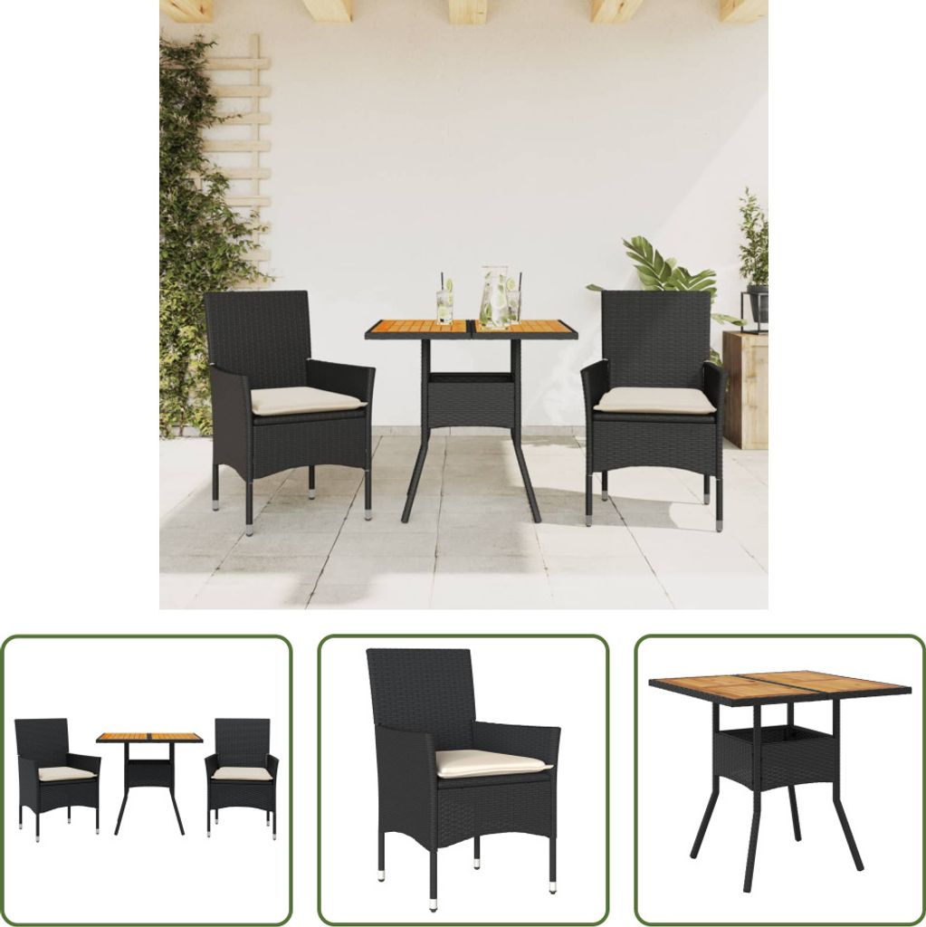 The Living Store 3-tlg. Garten-Essgruppe mit Kissen Schwarz Poly Rattan Akazie