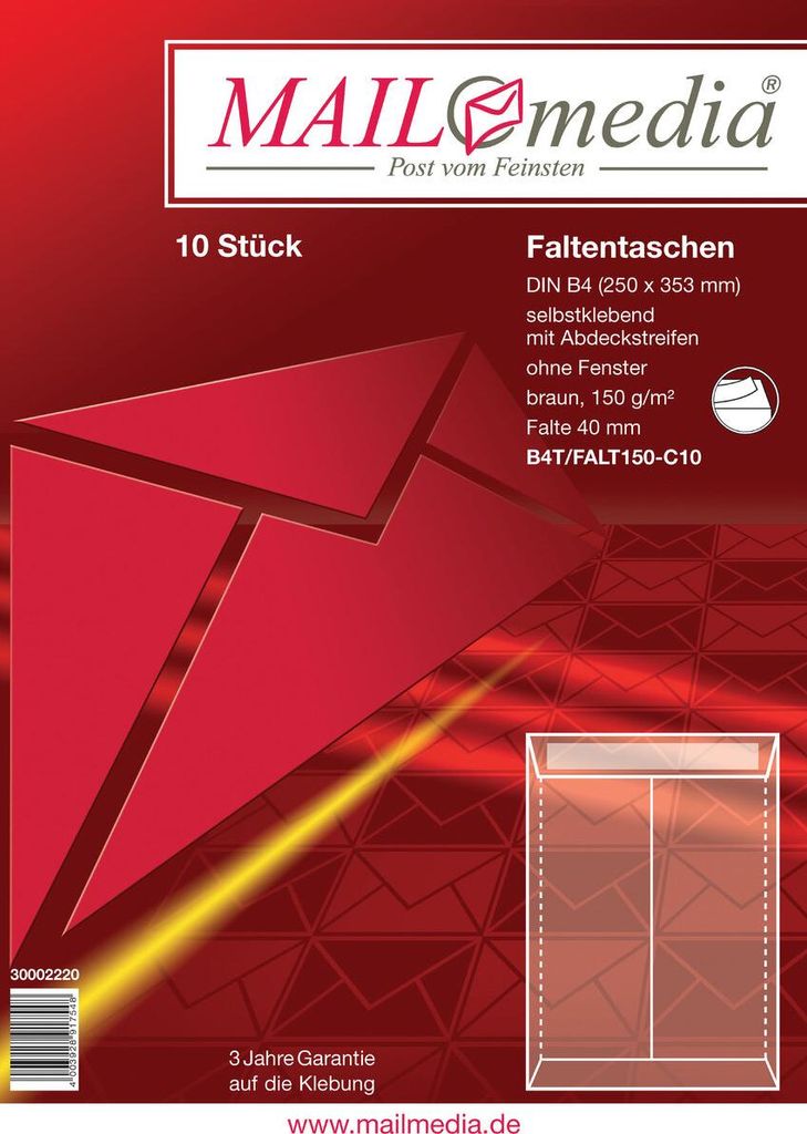 Faltentaschen - B4 ohne Fenster 40 mm-Falte Klotzboden haftklebend braun 150 g/q. Packung mit 25 Stück