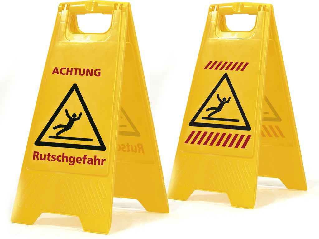 Two yellow warning signs with a "slipping hazard" symbol and text in German.