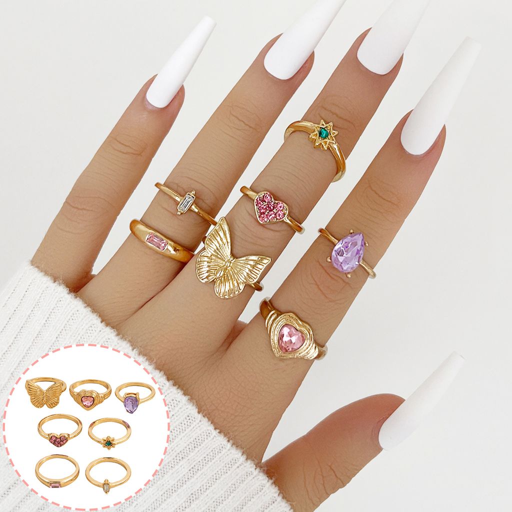 1 Set Frauen Ring Anti-rost Feine Verarbeitung Modische Muster Design Strass Verziert Ring Eleganten Schmuck