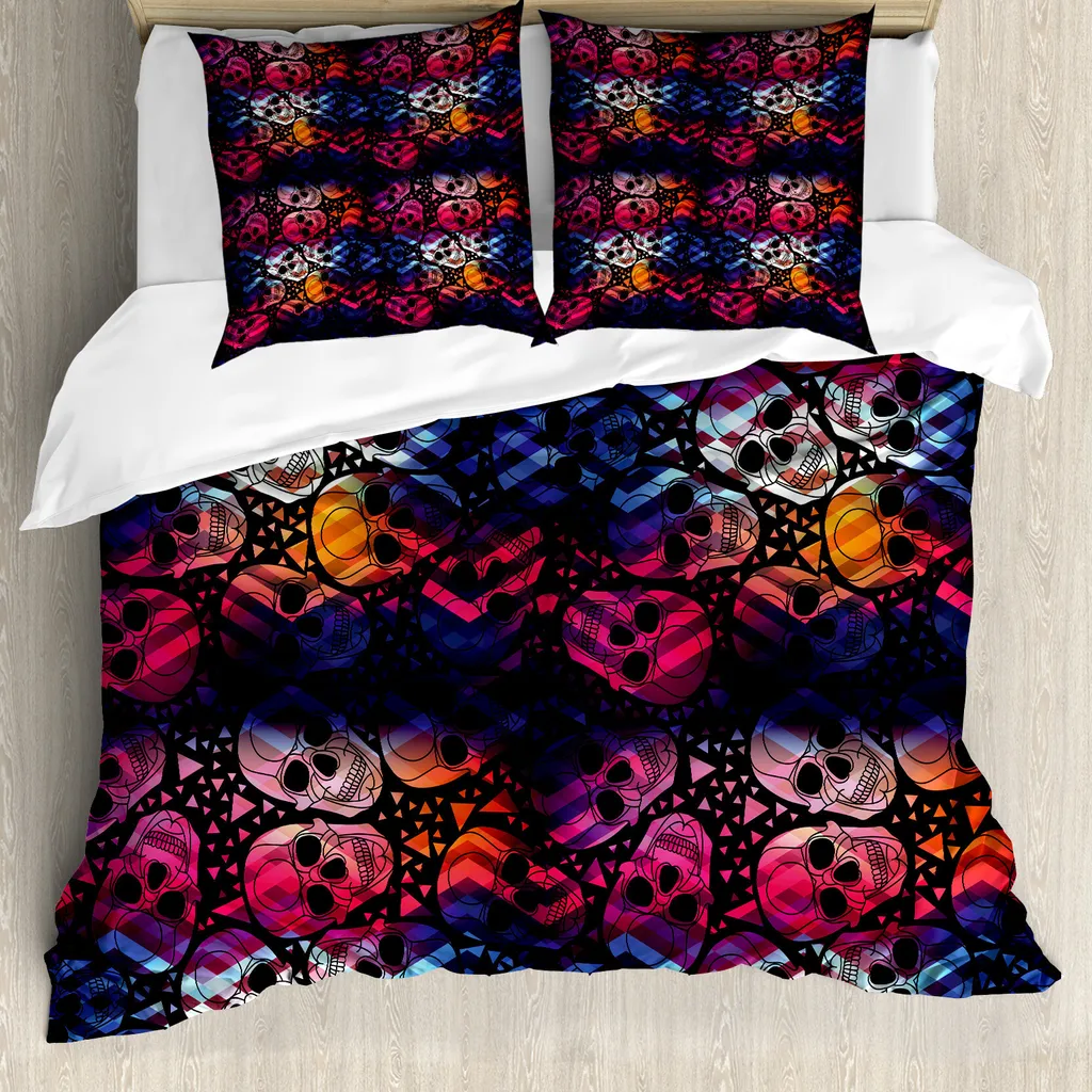 ABAKUHAUS Copripiumino Halloween, teschi messicani, antiacaro, adatto a chi soffre di allergie, con federe, 155 cm x 220 cm - 80 x 80 cm, multicolore