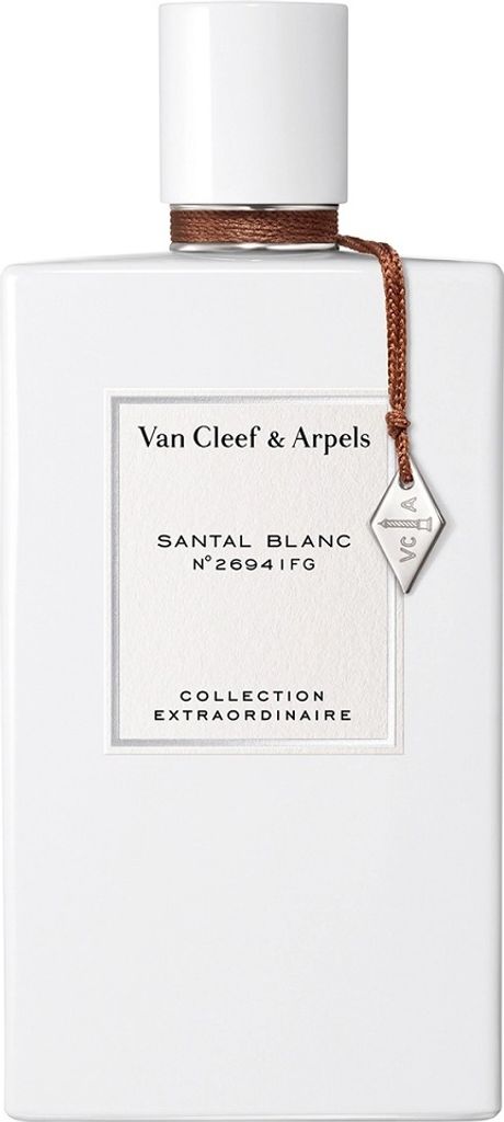 A white perfume bottle with a brown string and a silver tag.