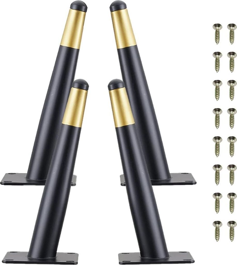 Four black and gold furniture legs are displayed on a white background, with a set of screws to the right.