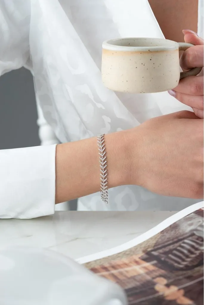 Bracelet argent 925 anti-ternissement rhodié motif chevron et zircone