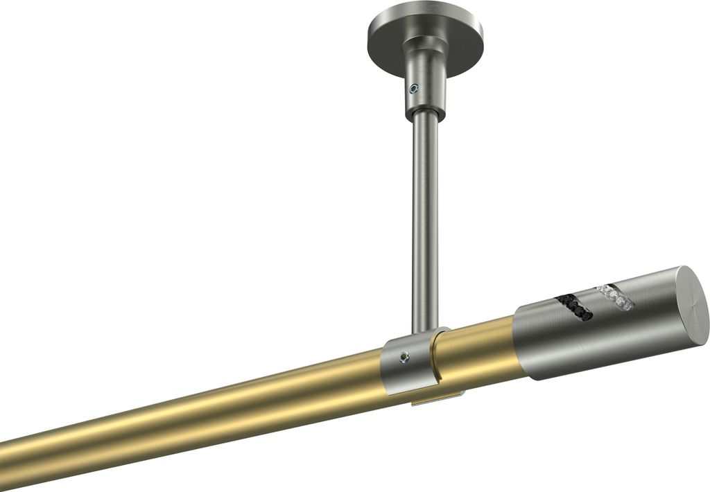 Interdeco Gardinenstange / Vorhangstange Messing-Optik / Edelstahl-Optik, Typ Sonette Zoena (Glitzerzylinder) ohne Ringe, Deckenmontage, 20 mm Ø 1...