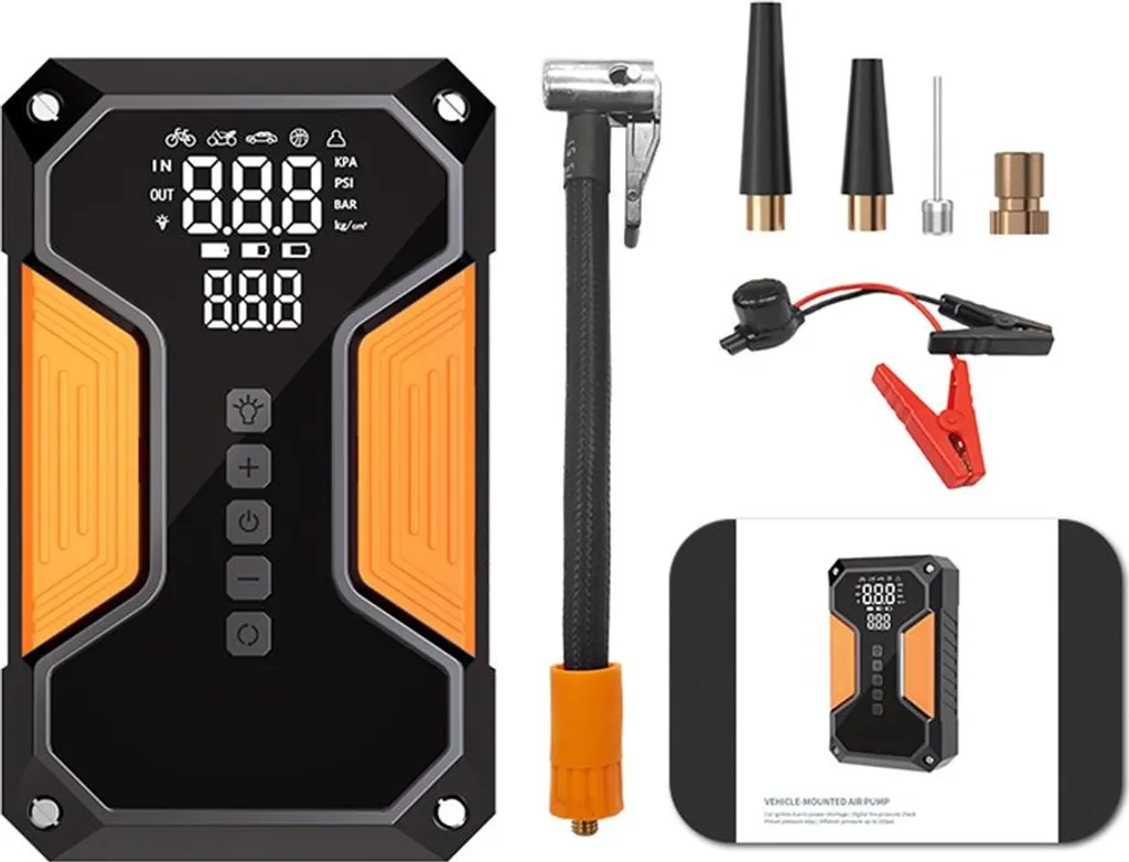 Gonfleur de pneu portable 12V et booster de batterie voiture noir