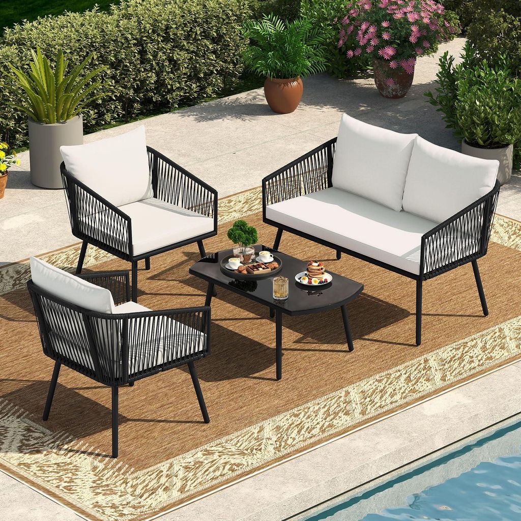 4-teiliges Gartenmöbel-Set, 2 Stühle mit Geflecht, 2-Sitzer-Sofa und Couchtisch mit gehärteter Glasplatte und bequemen Kissen