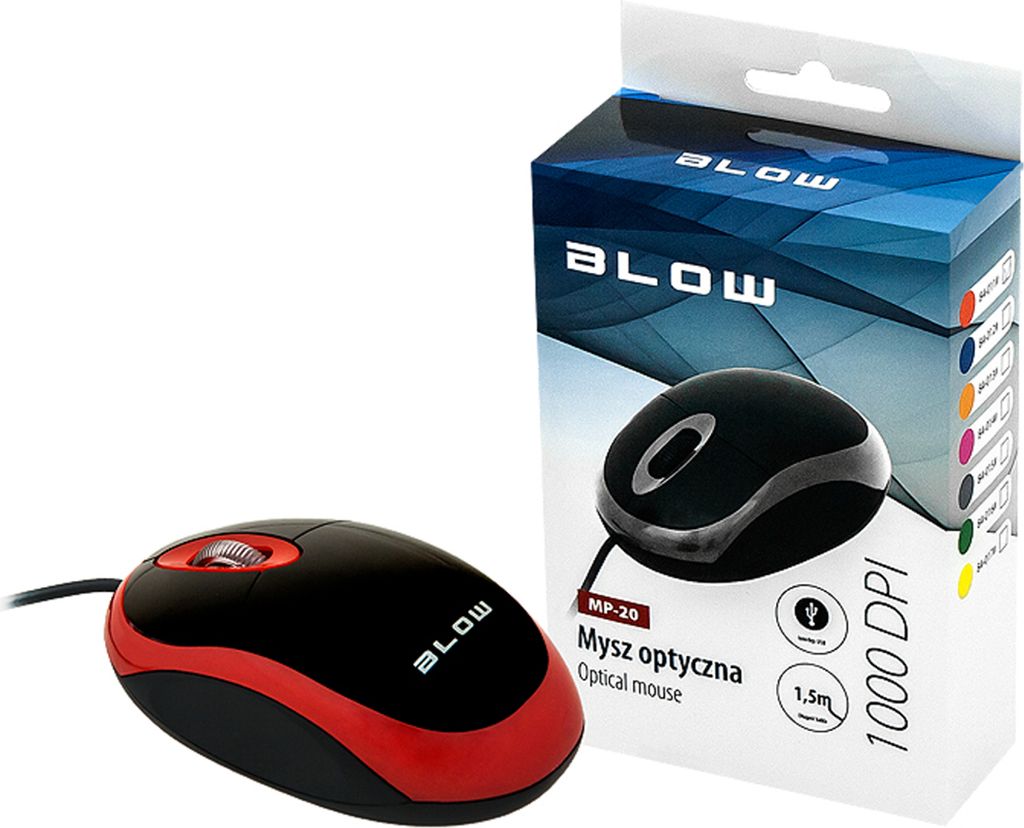 A computer mouse and its packaging are shown against a white background.