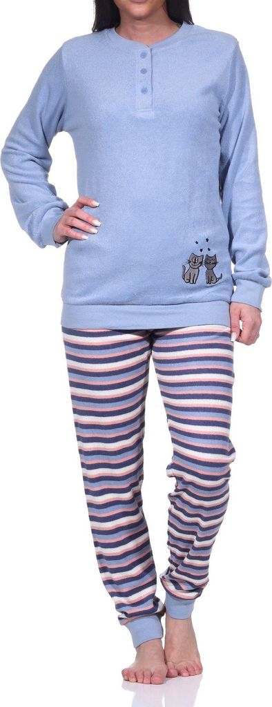 Damen Frottee Pyjama, Schlafanzug langarm mit süßem Katzen-Motiv ; hellblau , 48-50