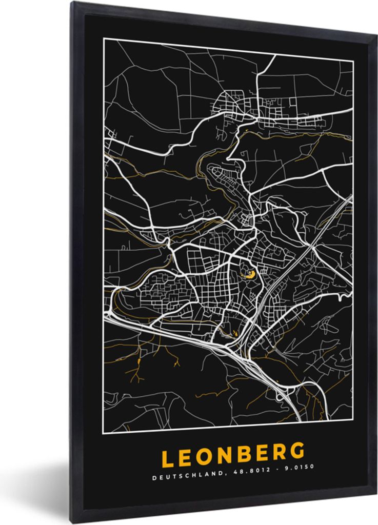 MuchoWow Gerahmtes Poster Schwarz und Gold - Stadtplan - Leonberg - Deutschland - Karte 60x90 cm - Poster mit Schwarzem Bilderrahmen Wandposter R...