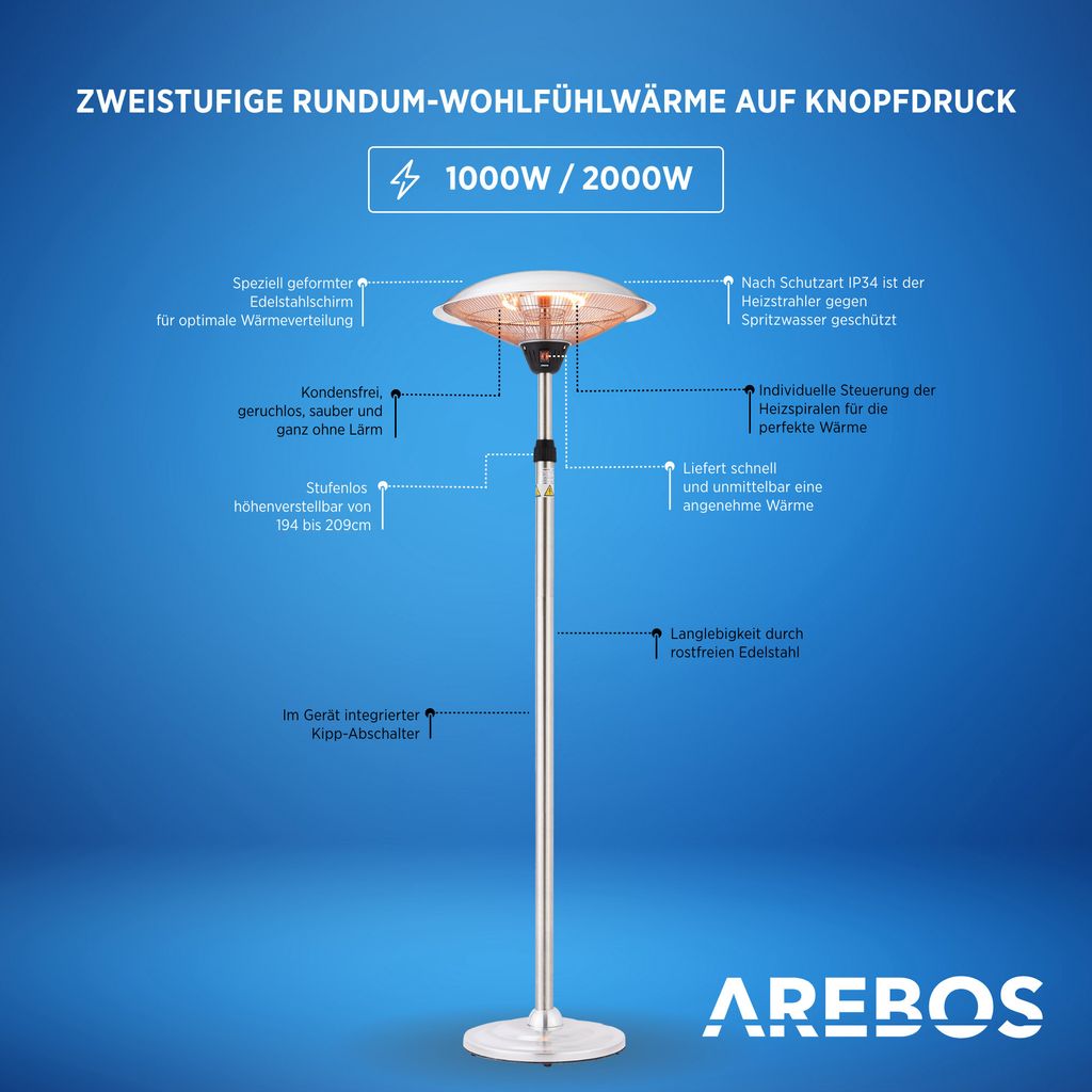 Wolnostojący promiennik AREBOS, lampa grzewcza, promiennik Zdjęcie produktu 3