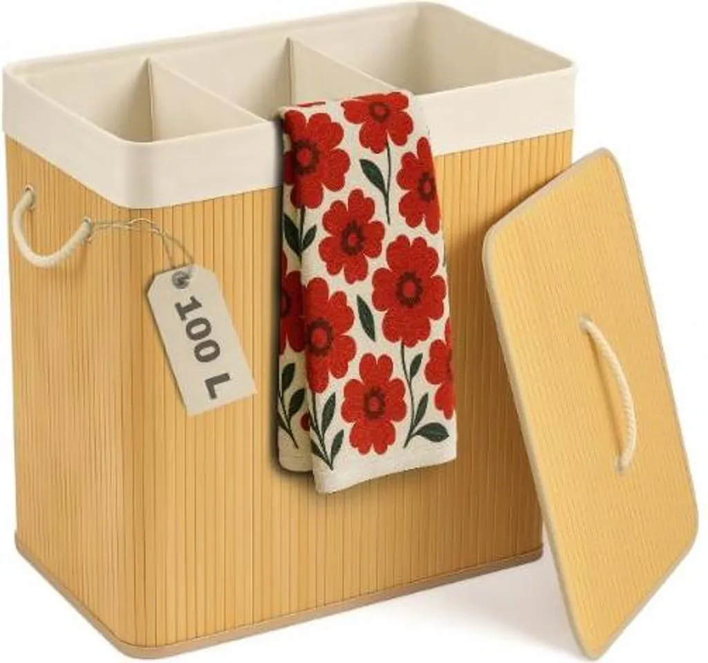 Panier à linge en bambou beige 100L avec 3 compartiments de tri - ZenHome