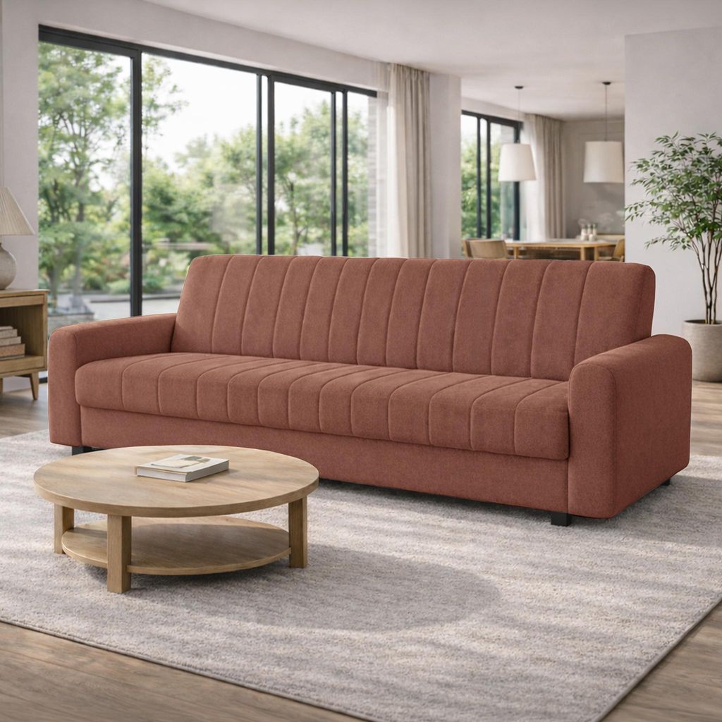 Sofa PIXI, Wohnzimmer, modernes Schlafsofa Couch 3-Sitzer Sofa freistehendes Polstersofa Bettkasten 232 cm KLIK-KLAK-Mechanismus Orange Skaga 09