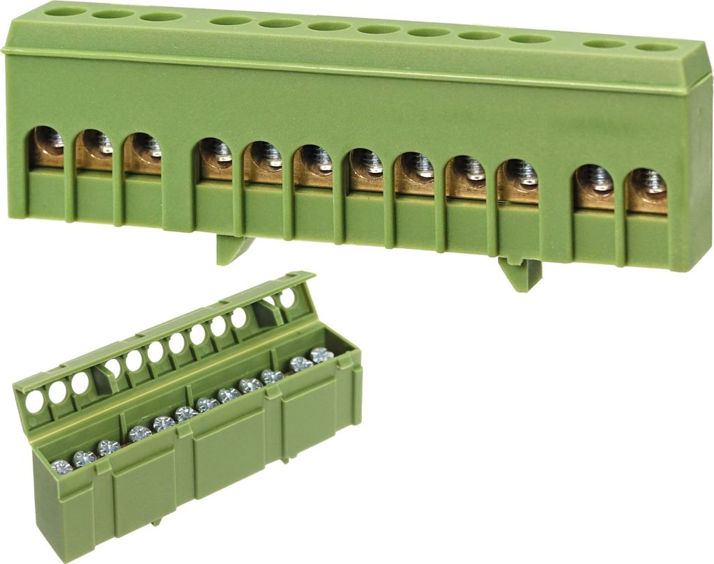 Two green terminal blocks are shown against a white background. One is a long block with multiple connection points, and the other is a smaller, open block showing screws inside.