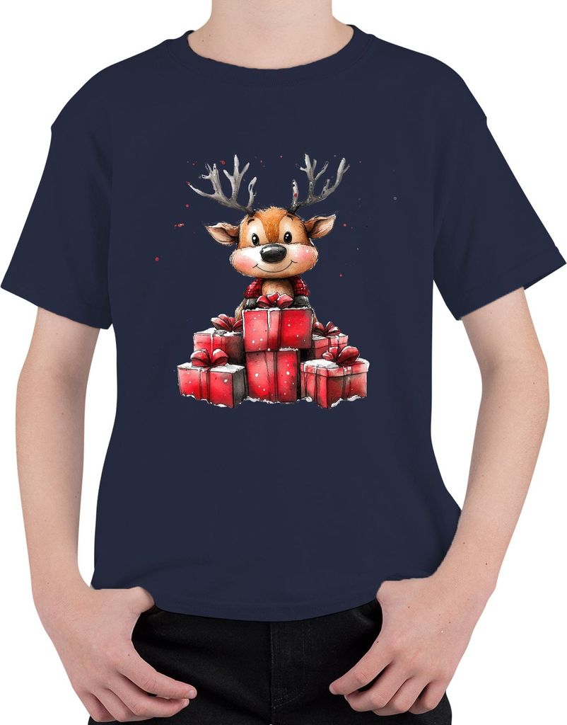 Weihnachten Rentier mit Geschenken niedlich Aquarell Kinder Uni Kinder T-Shirt, Navy, 140