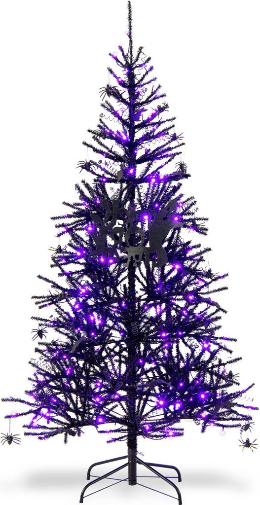 COSTWAY 183cm Künstlicher Weihnachtsbaum mit 250 lila LEDs, Schmuck & 791 PVC-Spitzen, für Halloween