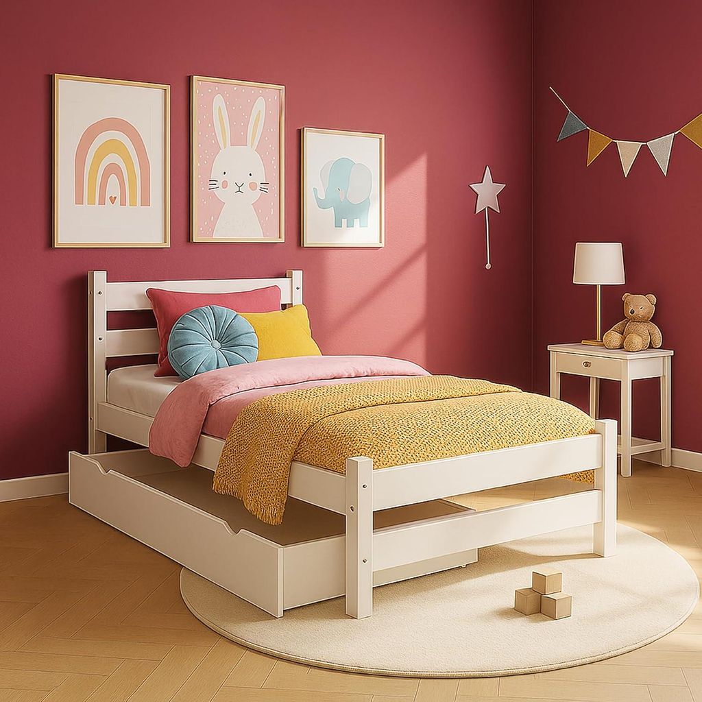 MEBLE WRÓBEL Kinderbett 80x190 cm in Weiß - Jugendbett Bett - Einzelbett aus Kiefernholz, MDF & HDF - mit Schublade und Lattenrost - Tagesbett oh...