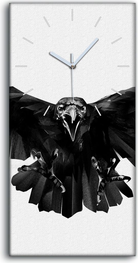 Leinwand Wanduhr Wandkunst Uhr Geräuschlos Kunstdruck 30x60 Tier Vogel Rabe - weiße Hände