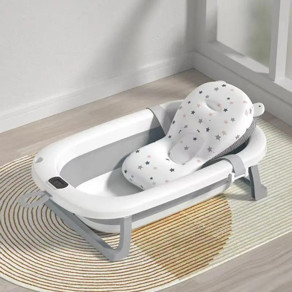 Babybadewanne - Faltbare Wanne - 76 x 45 x 18 cm - Wasserthermometer - Badekissen - Duschhandgriff - Für 0–6 Jahre - Grau