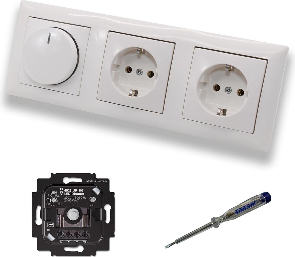 Busch Jäger 6523UR-103 LED Drehdimmer Dimmer + Dimmerscheibe 2115-914 und 2 x Steckdose 20EUC-914 in Balance Si alpinweiß glänzend inklusive EBR...