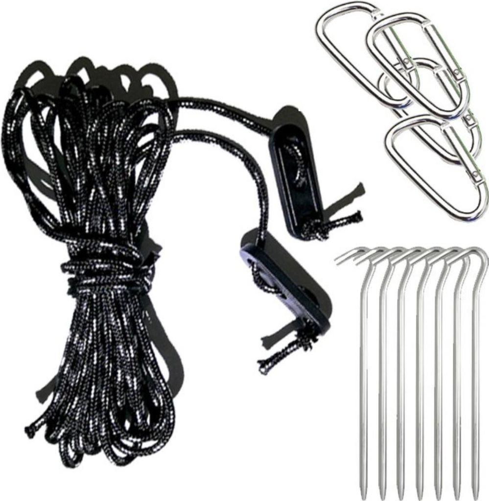INF Zelt Abspannseil Set: 8 Schwarz & Weiß 2m Seile, 8 Aluminiumspanner & 8 Heringe