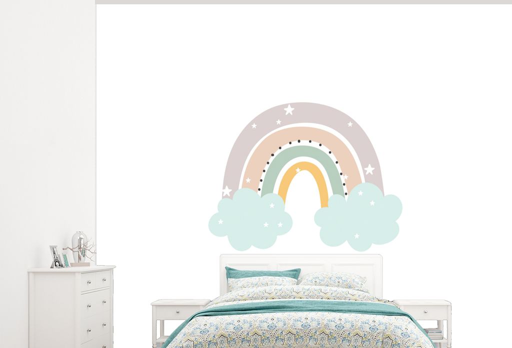 MuchoWow Fototapete für Wohnzimmer oder Schlafzimmer Wandtapete Vinyl Motivtapete Regenbogen - Sterne - Punkte - Wolken - Kinder - 275x220 cm - ...