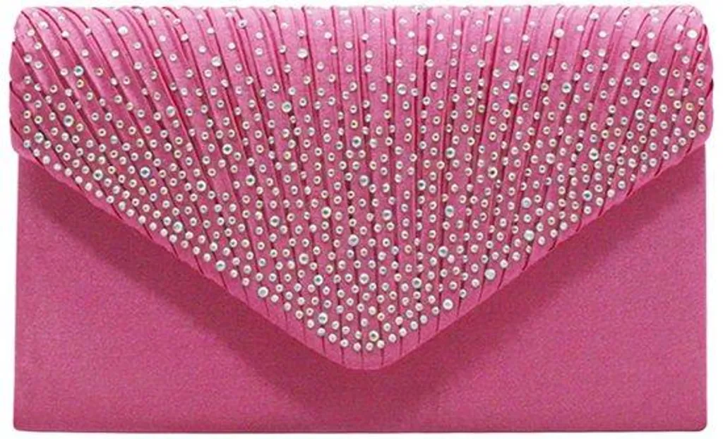 Pochette rose satinée strass et perles, accessoire chic de gala