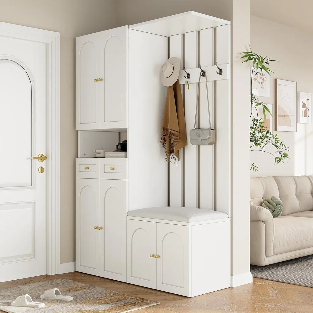 MODFU Meuble d'Entrée Blanc avec Penderie et Banc à Chaussures 110x37x180