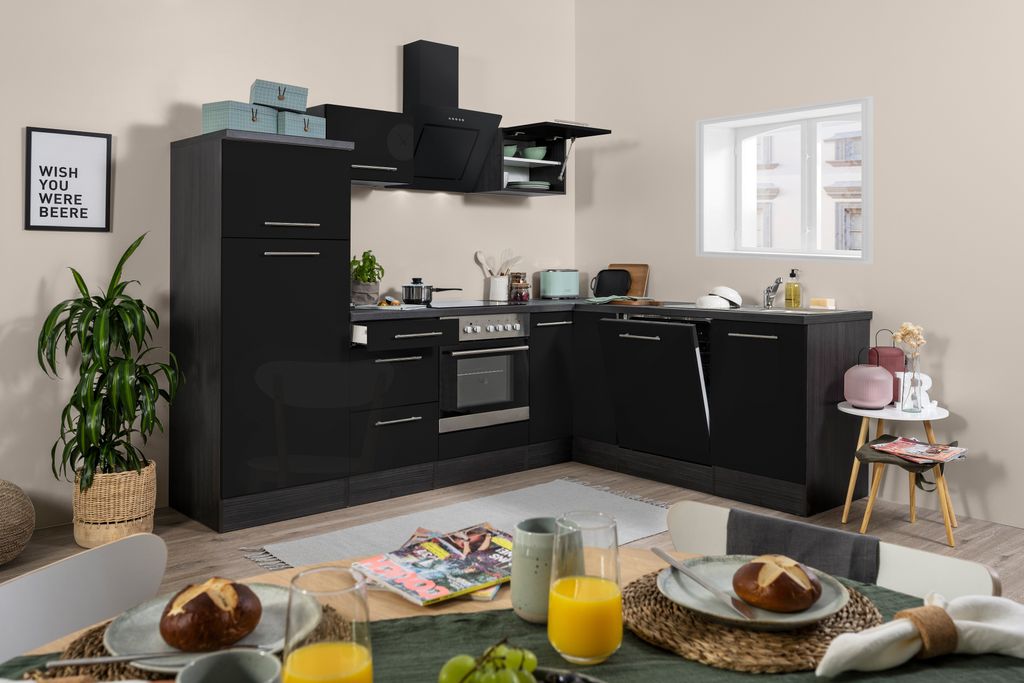 Küche Küchenzeile Winkelküche Eiche Schwarz Amanda 260 x Produktbild 