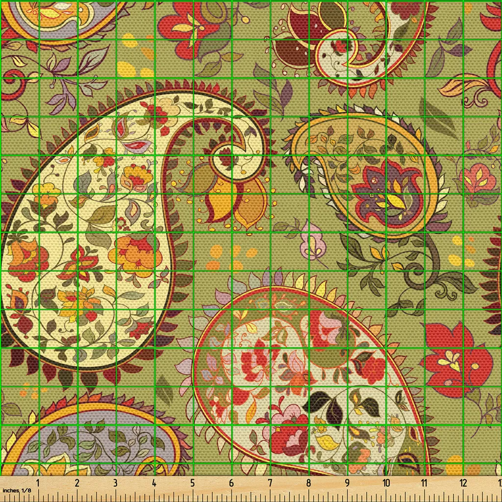 Tissu d'ameublement au mètre motif cachemire oriental vert multicolore