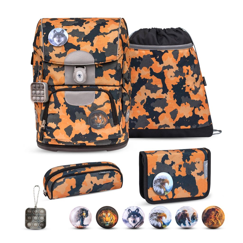 Belmil Motion ergonomisches Schulranzen Set 5-teilig "Orange Camouflage" aus recyceltem Material mit Brustgurt, Hüftgurt, Magnetverschluss, Patch ...