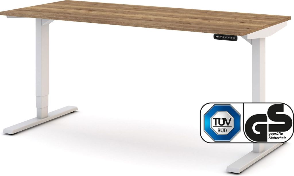 ASSMANN Elektrisch höhenverstellbarer Schreibtisch Y-Line Eiche Tabak Weiß, 160x70cm, Memoryfunktion, Kollisionsschutz, 2-fach-Motorik