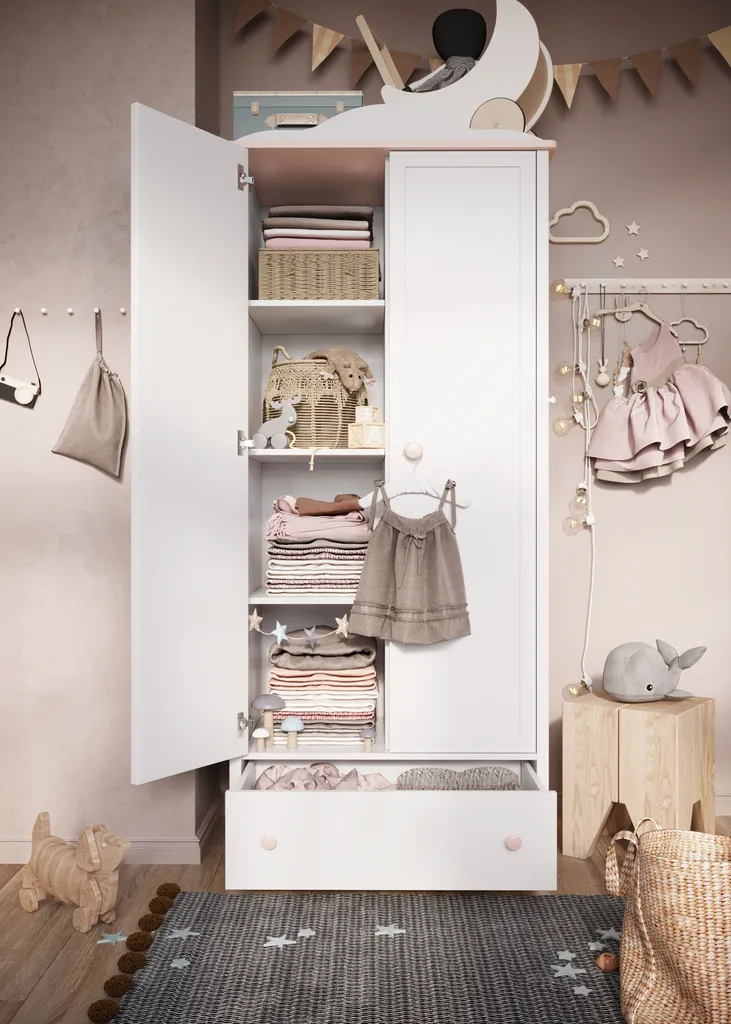 MINIO Armoire LUNA 2 portes 1 tiroir blanc et rose - Meuble de chambre