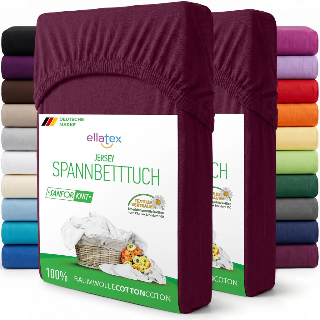EllaTex 2er Pack Jersey Spannbettlaken 140x200–160x200 Baumwolle – atmungsaktive Spannbetttücher im Set, Farbe: Burgund