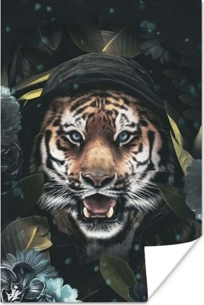 MuchoWow Poster Blumen - Tiger - Raubtier 80x120 cm - Papierdruck