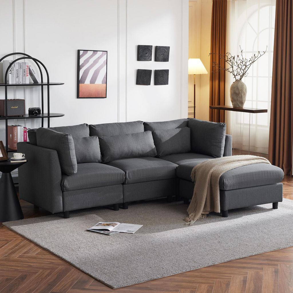 Merax Ecksofa, L-Form Sofa mit Schlaffunktion, 3-4 Sitzer Wohnzimmersofa, Couch, Bettsofa, Couchgarnitur, Linen, Grau