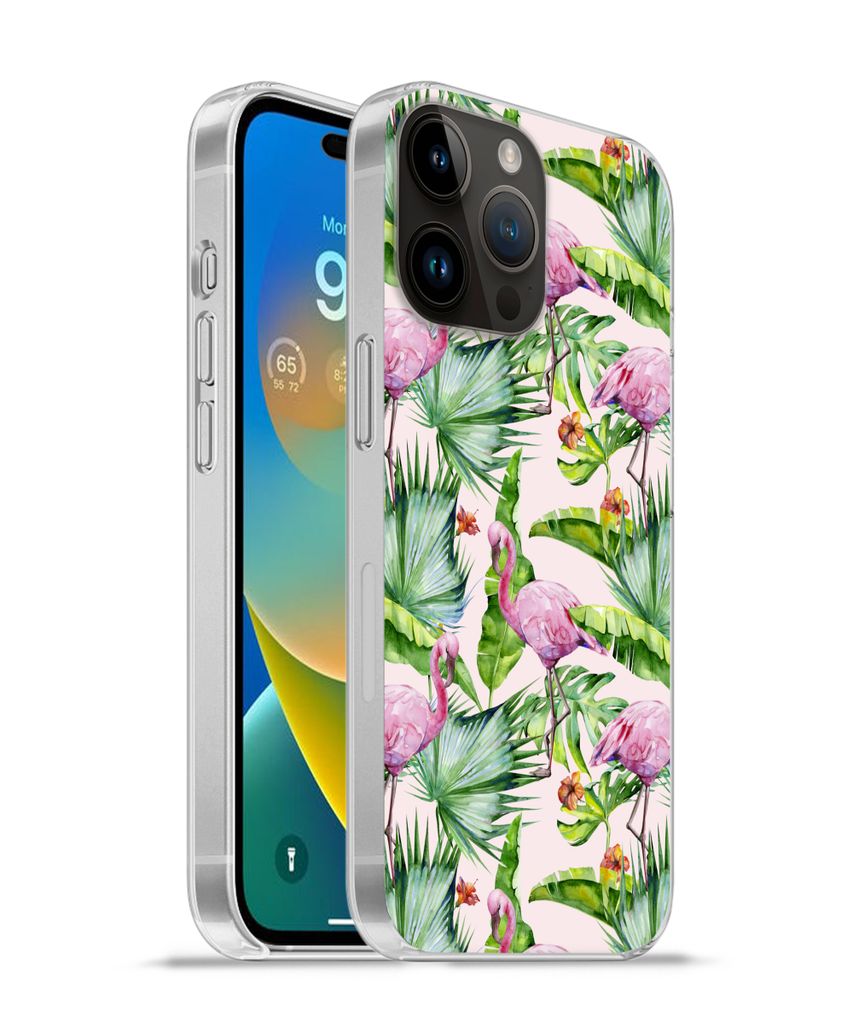 MuchoWow Handyhülle Schutzhülle Hülle für Apple iPhone 14 Pro Max Flamingo - Pflanzen - Muster Silikon Softcase Handy Hülle - Hardcover