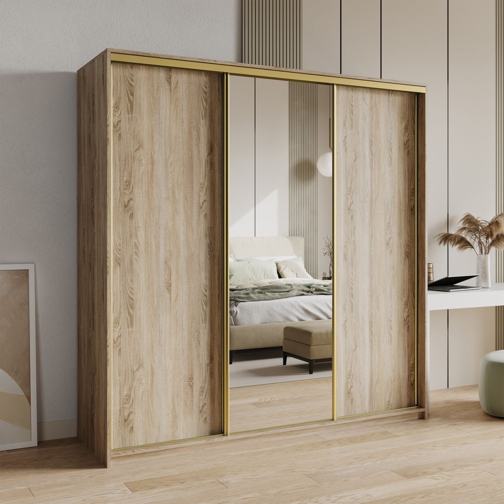 Masseno Schiebetürenschrank TAVI 200/205/60 cm Kleiderschrank mit Schubladen Schlafzimmer Schrank 3-türig mit Spiegel Sonoma Eiche + Gold
