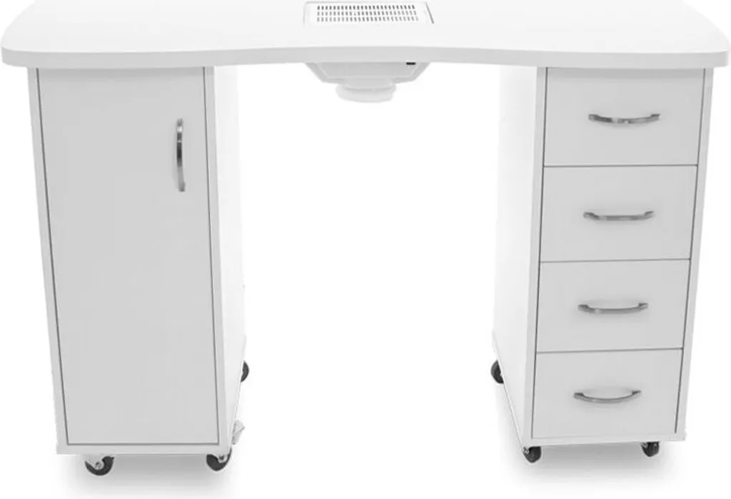 Bureau 2027 blanc avec deux armoires de rangement et support écran